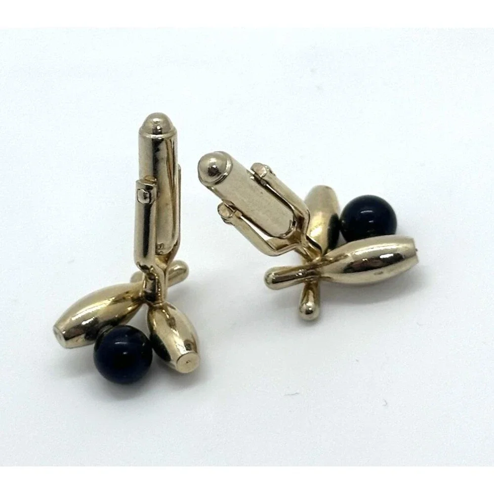 Vintage Bowling Cuff Links GOLD TONE Pins Black Ball 1960's Anson